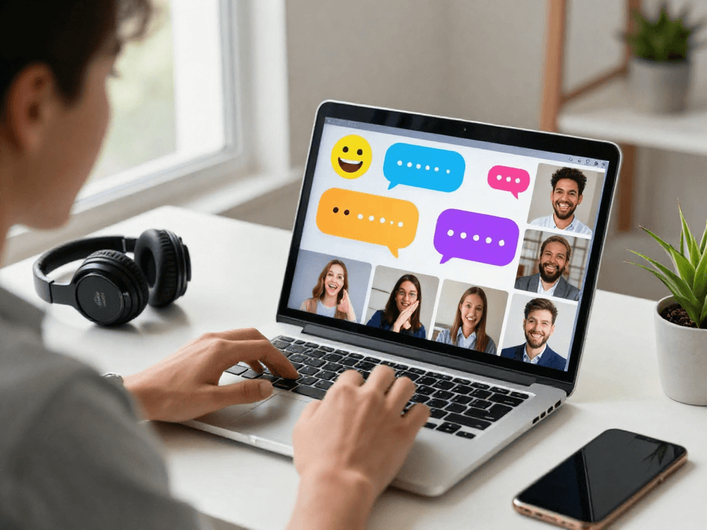Engaging digital conversation showcasing spicy chat ai with vibrant chat bubbles and diverse expressions in a modern workspace.