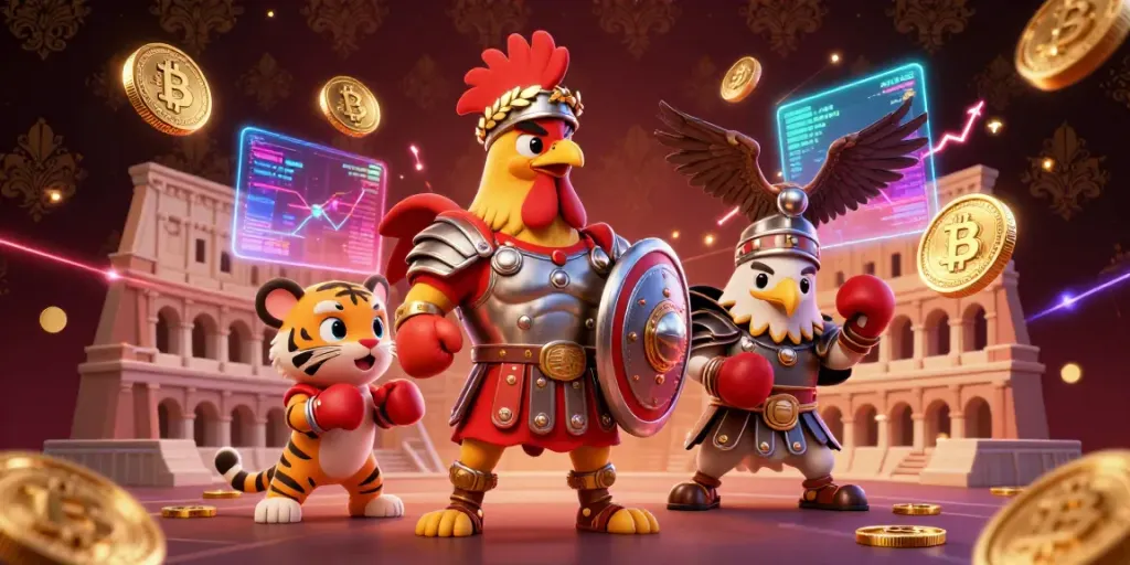 Engage with GG88's exciting 3D casino adventure featuring cartoon gladiator rooster with crypto elements.
