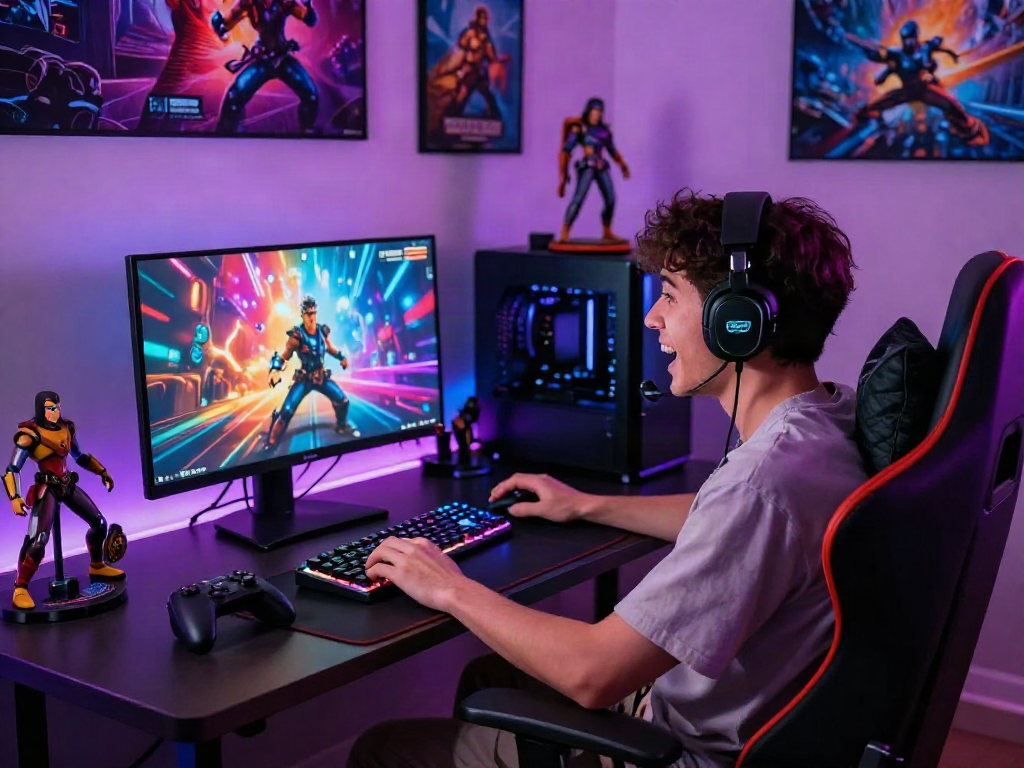 Engaged player enjoying immersive porn games in a vibrant gaming setup with dynamic visuals and ambient lighting.