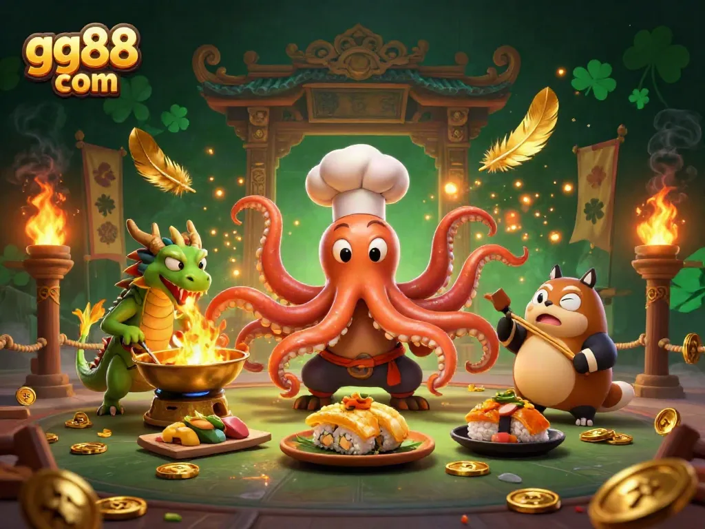 Experience the excitement of gg88 com with a dynamic 3D casino scene featuring unique characters and golden elements.