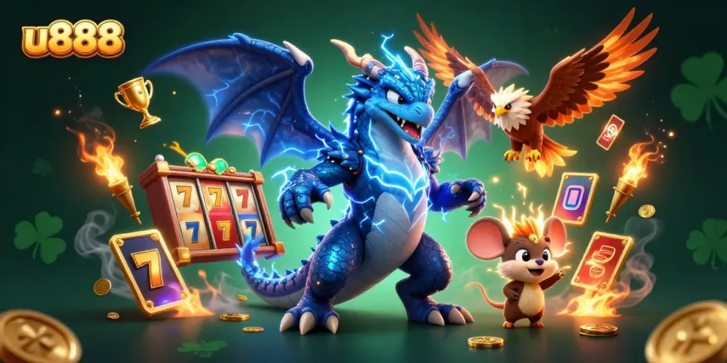 Experience thrilling gameplay with u888 in this electrifying 3D illustration featuring dynamic slot elements and vibrant dragons.