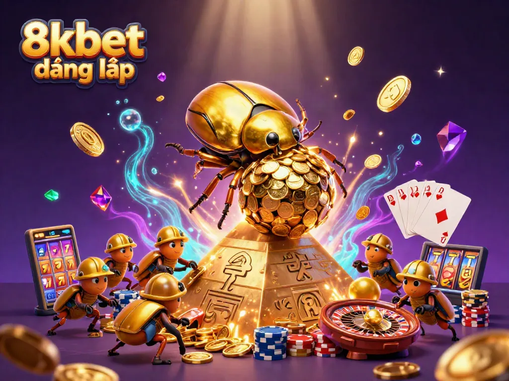 Experience 8xbet đăng nhập with an epic scene of golden dung beetles rolling coins in a vibrant casino world.