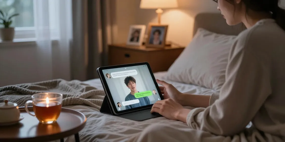 Cozy bedroom scene showcasing a user enjoying a sex ai chat on a tablet, with warm lighting and personal touches.