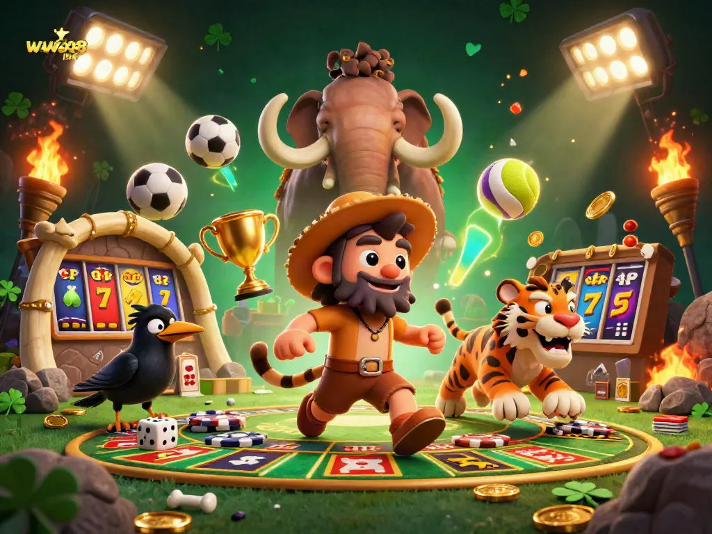 Experience the vibrant action at the WW88 link casino with cavemen, slots, and sports elements.