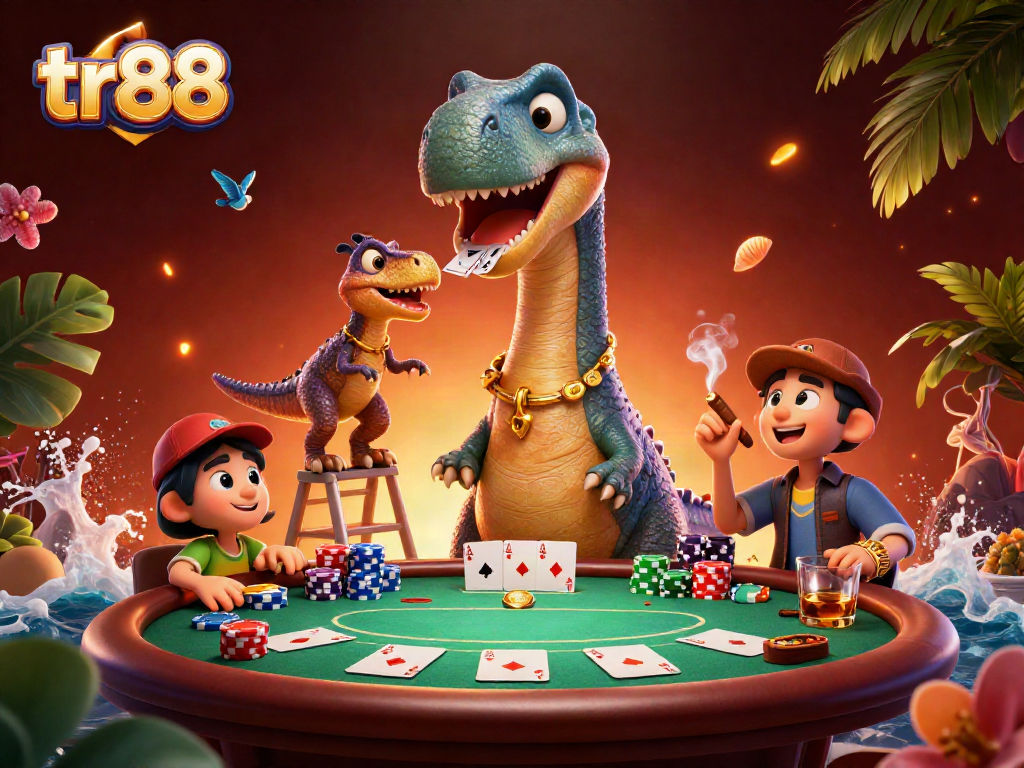 tr88 themed casino scene with a brontosaurus and raptor at a poker table, vibrant colors