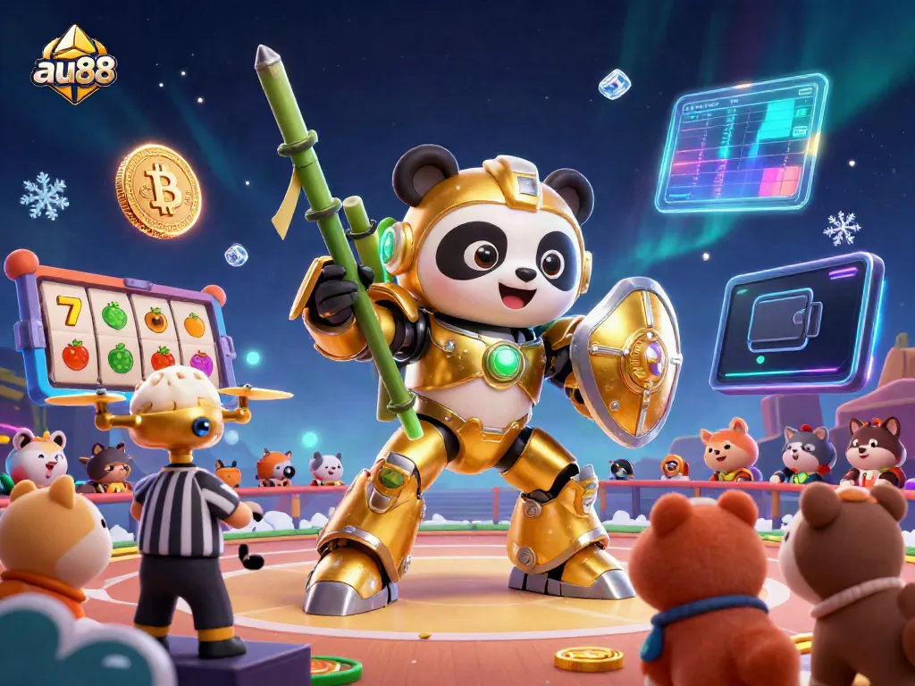 Experience the excitement of au88 casino with a vibrant 3D mech-suit panda battling amidst slot games and crypto coins.