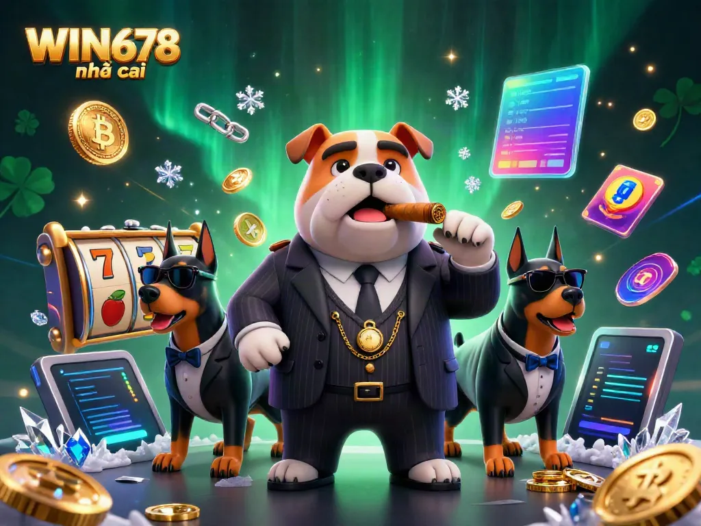 Engage with WIN678 nhà cái, featuring a mafia bulldog and bodyguards immersed in thrilling slot games.