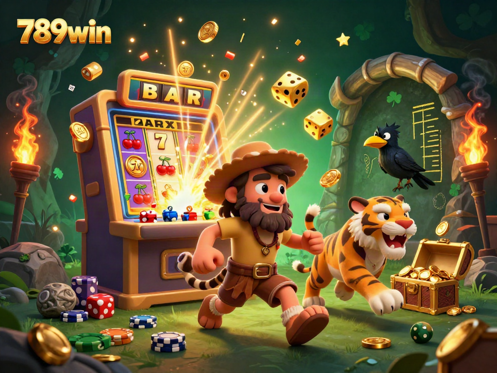 Engage with the thrilling adventures of 789win featuring a prehistoric casino scene with unique characters and dynamic gaming elements.