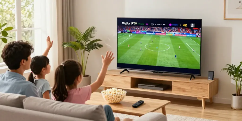 Miglior IPTV family viewing experience in a cozy living room with Smart TV and sports streaming.