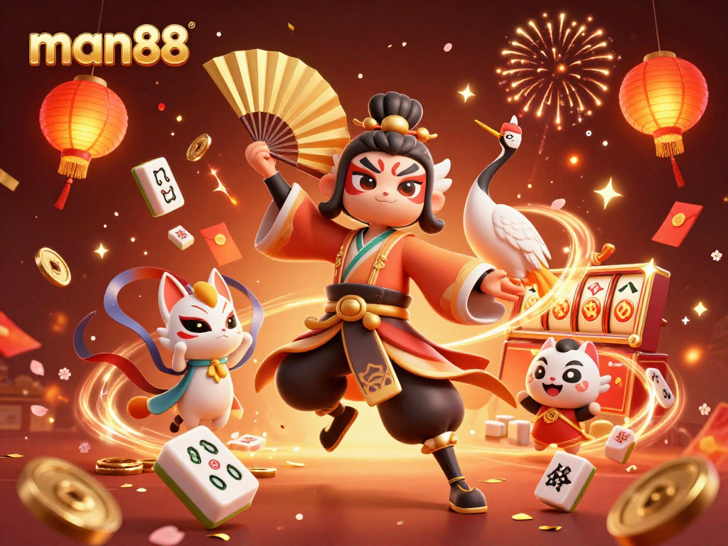 Experience exciting gameplay at man88 with a vibrant 3D casino-themed illustration featuring dynamic characters and game elements.