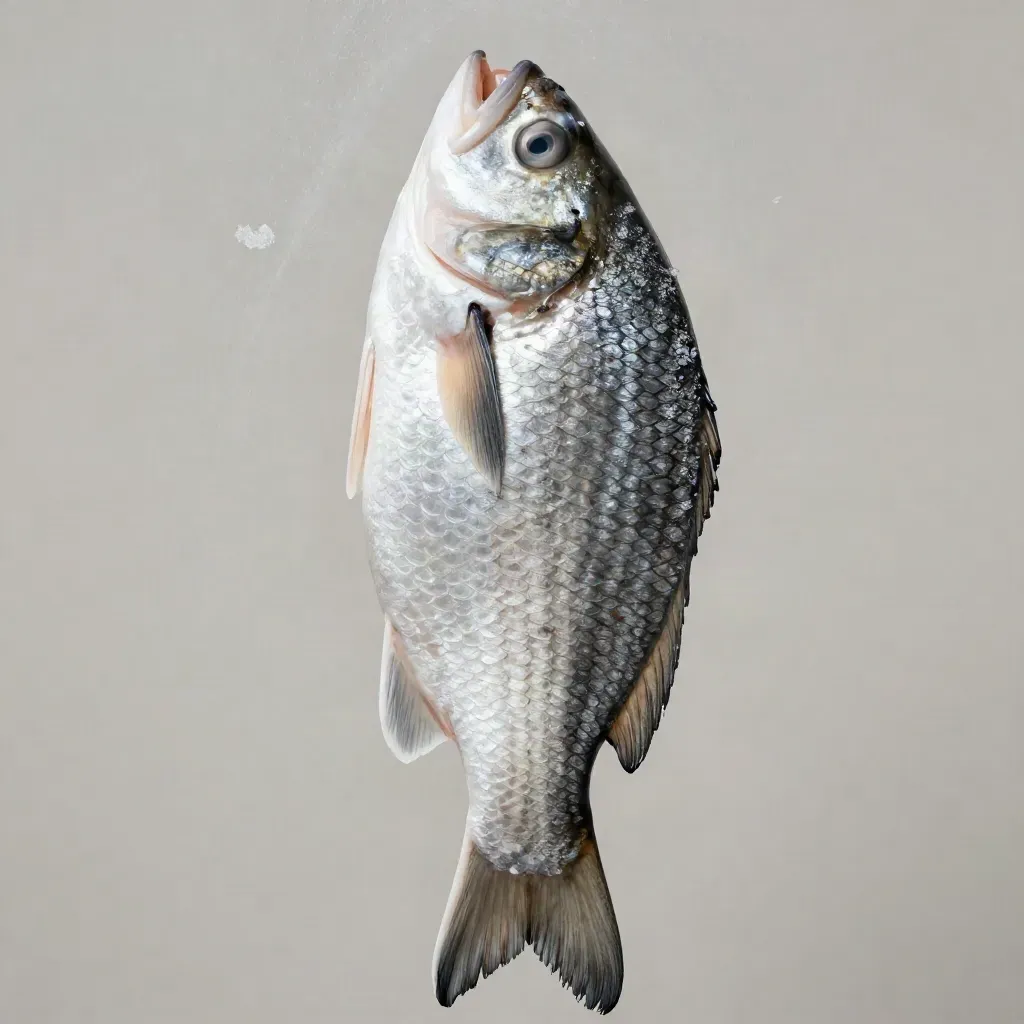 Branzino intero fresco sospeso su fondo perlato, con luce radente e spruzzo marino sottile.