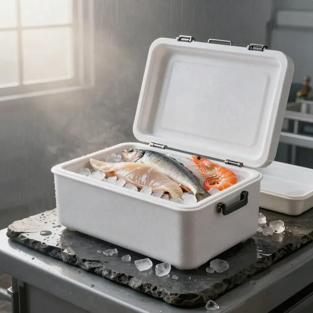 Scatola isotermica aperta con filetti, pesce intero e gamberi sul ghiaccio, luce d’alba
