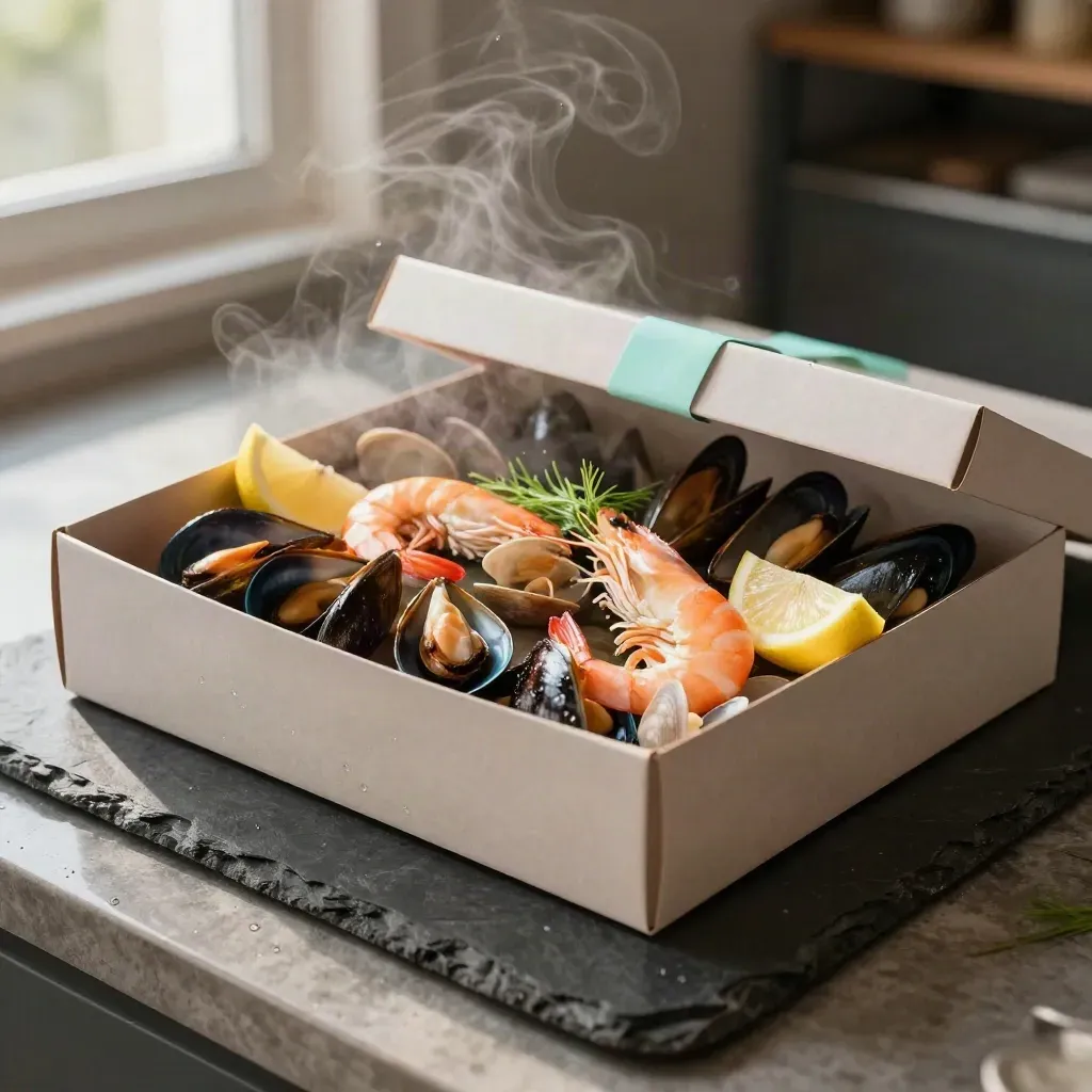 Box di pesce misto aperta con molluschi, gamberi, limone e finocchio su fondo bagnato.