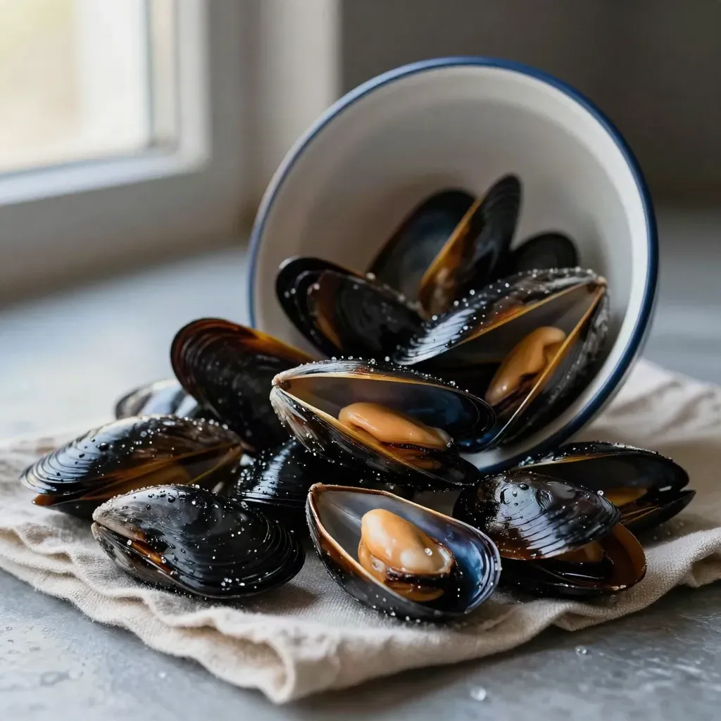 Cozze nere lucide che scivolano in una ciotola smaltata su lino umido, luce marina.