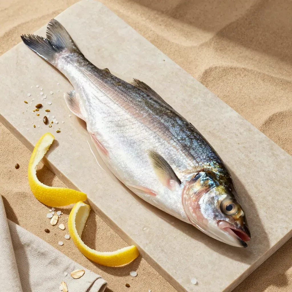 Filetti di orata su pietra bagnata con nastro di limone, taglio diagonale.