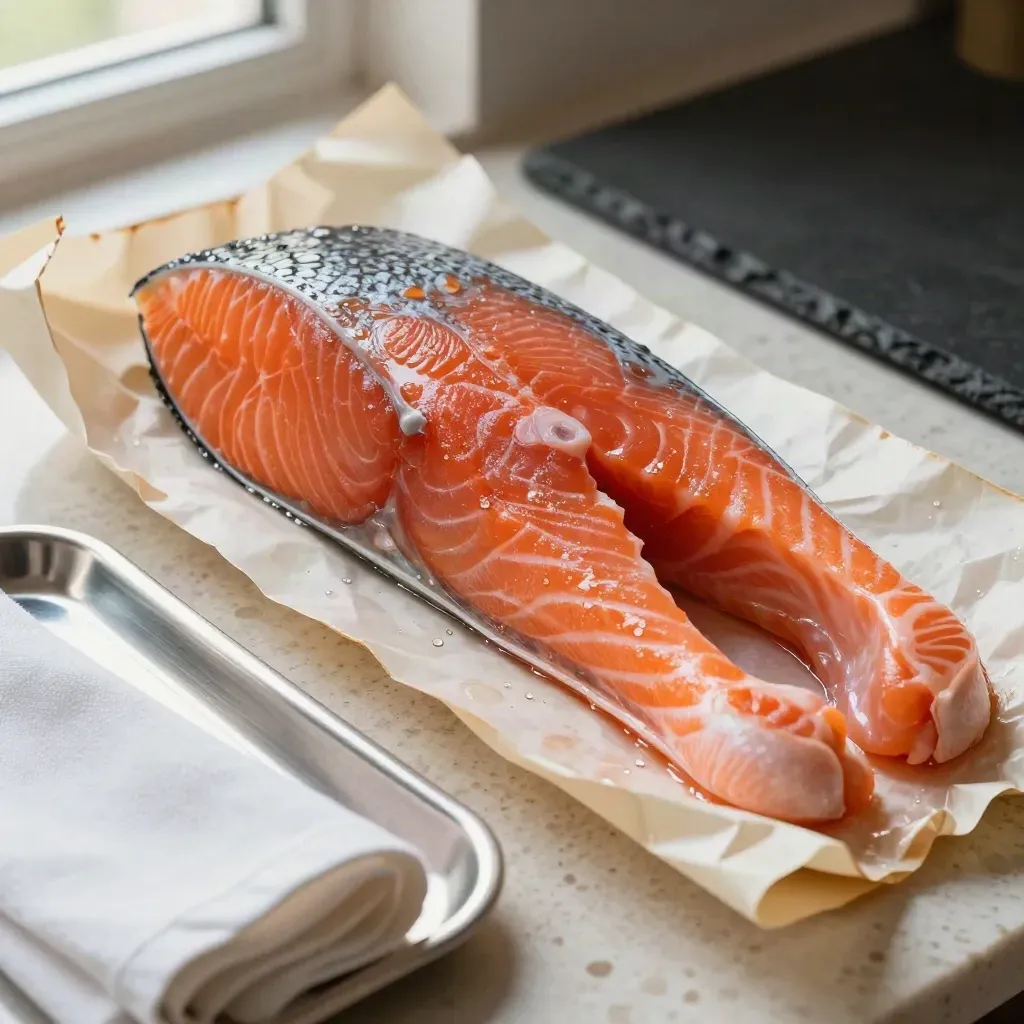Trancio di salmone avvolto nella carta su pietra chiara, con condensa e luce morbida.