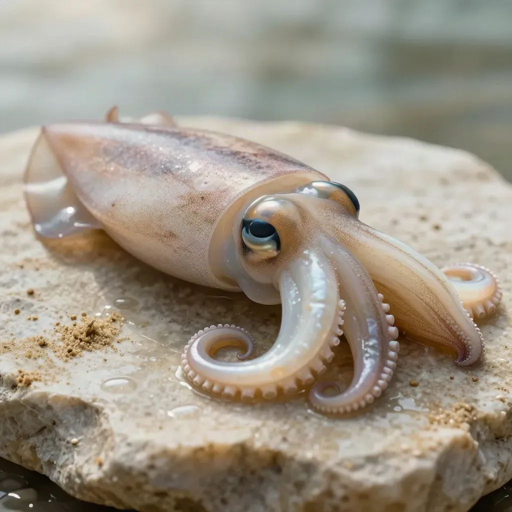 Seppie pulite su pietra chiara con velo d’acqua e luce radente