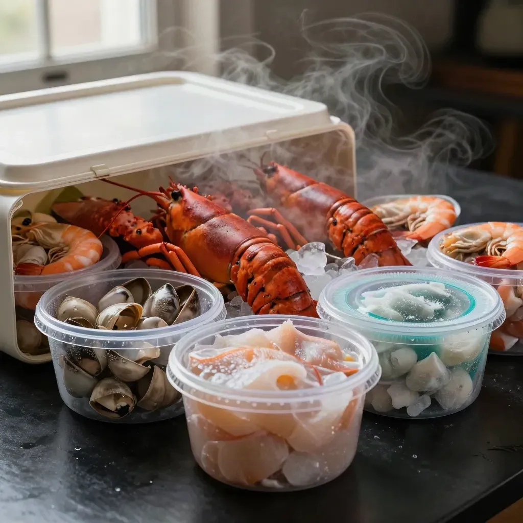 Box mare aperto con crostacei, filetti e ghiaccio, avvolto da vapore freddo su fondo scuro.