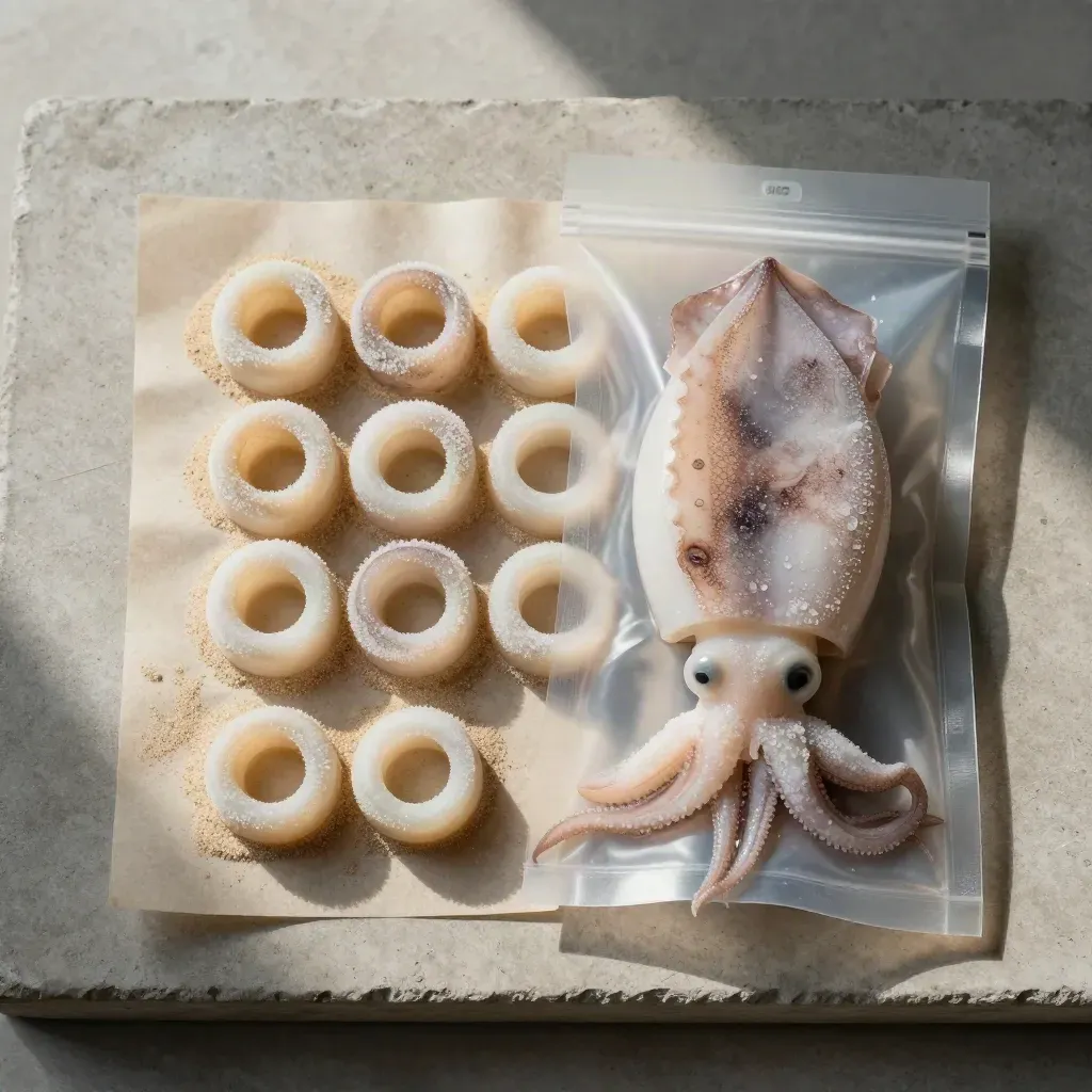 Calamari surgelati in anelli e tubi su pietra fredda con brina e busta richiudibile