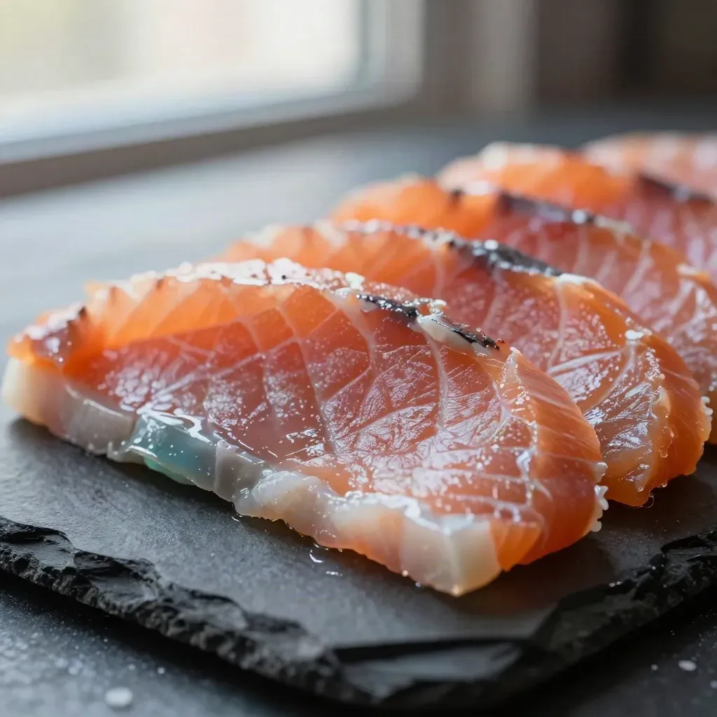 Fette sottili di salmone affumicato su ardesia, con riflessi setosi e bordo turchese