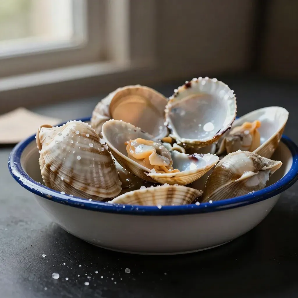 Vongole veraci pulite in una bacinella smaltata blu su fondo scuro