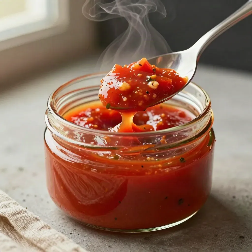Vasetto anonimo di sugo di mare pronto con cucchiaiata lucida su fondo in cemento e lino sabbia
