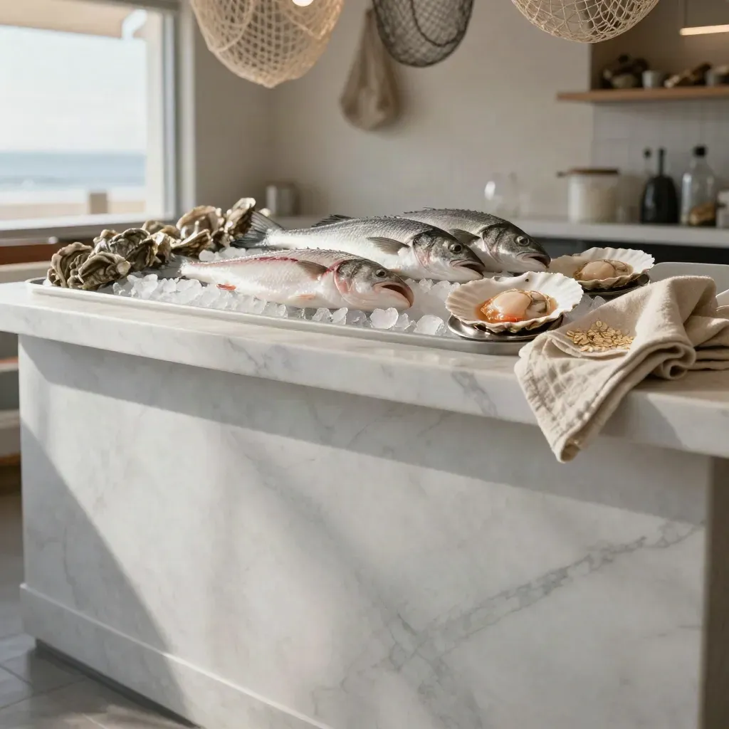 Interno costiero con marmo bianco, pesce fresco su ghiaccio e reti sfocate in alto