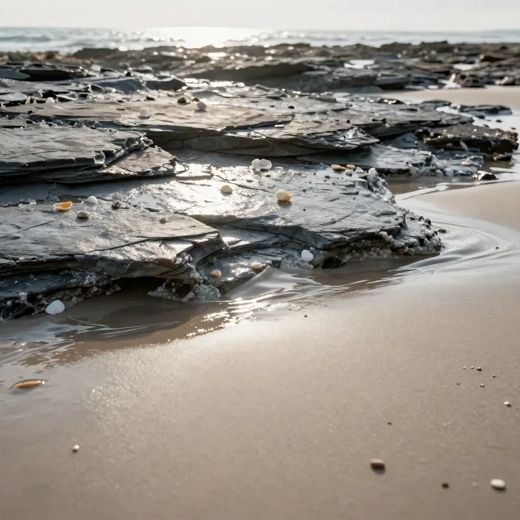 Scogliera bagnata con pozze di marea, sabbia umida e conchiglie, luce morbida
