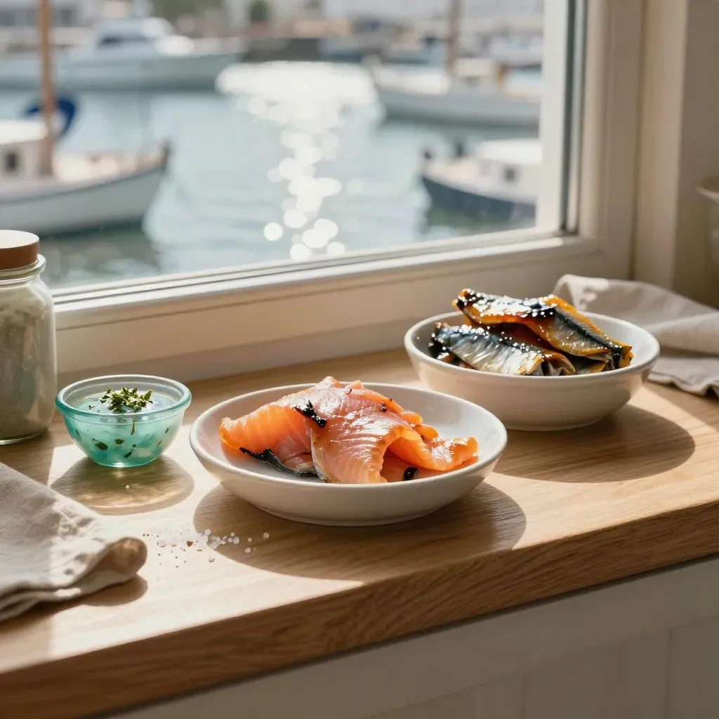 Ciotole in ceramica con pesce affumicato e salse su mensola di legno, mare sfocato fuori dalla finestra