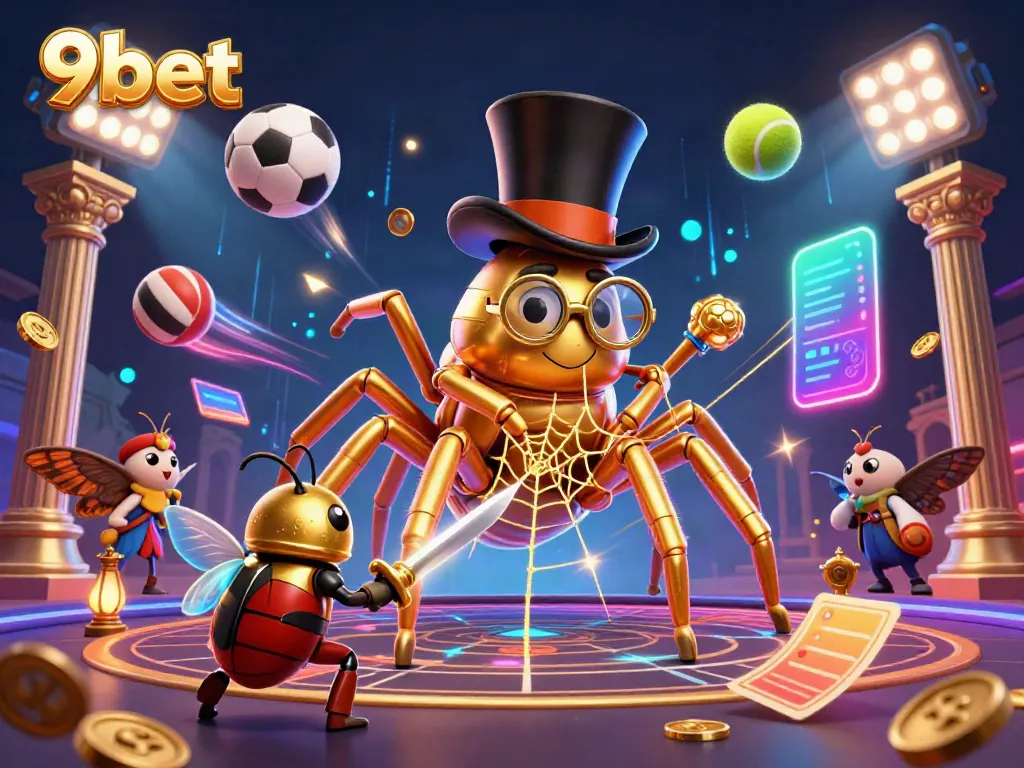 Experience thrilling casino action with 9bet's dynamic 3D illustration featuring a golden tarantula and a brave beetle knight.