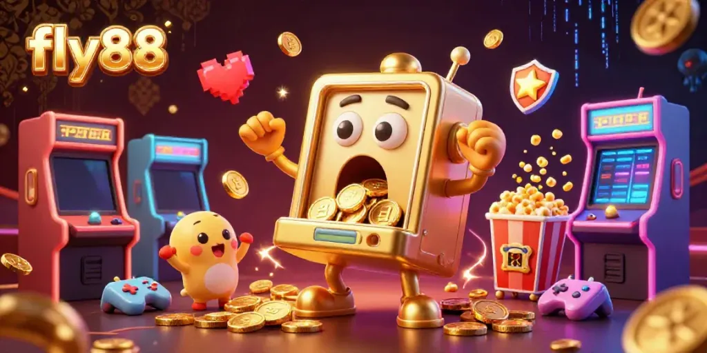 An engaging scene of the fly88 golden slot machine celebrating a jackpot, showcasing dynamic casino elements.