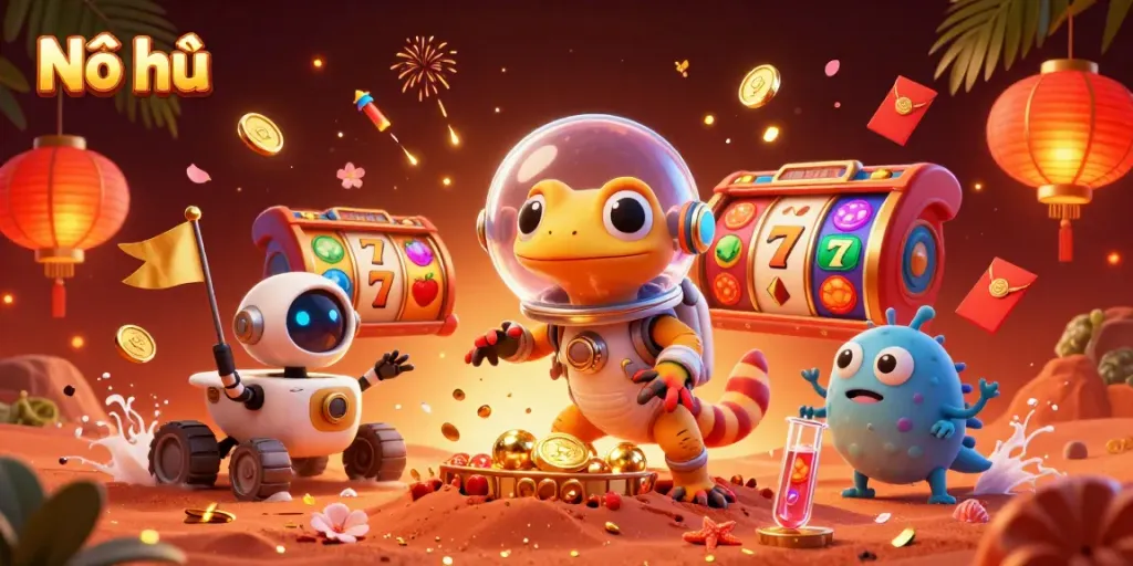 Nổ hũ game showcasing a Martian gecko celebrating a big win in a casino with vibrant slot reels and golden coins
