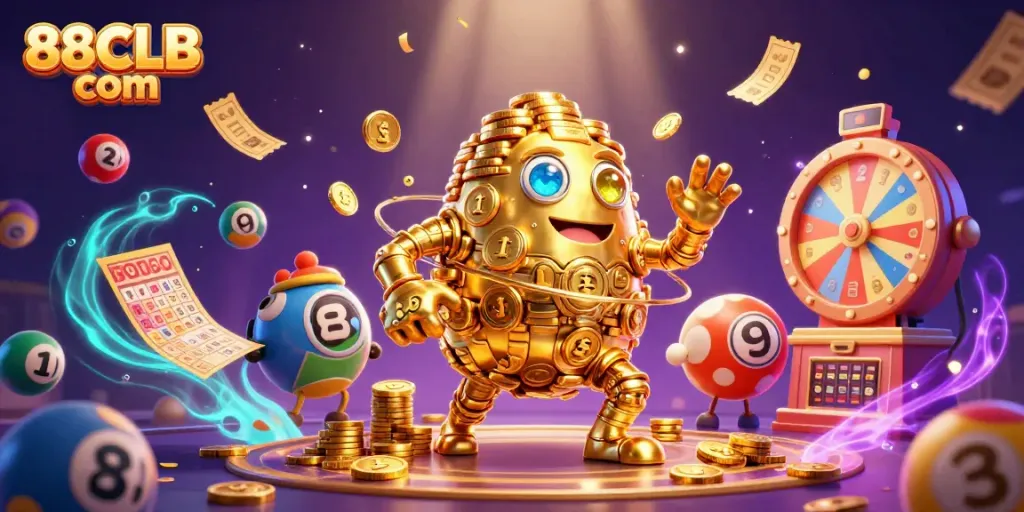 Experience the excitement of 88CLB com with vibrant lottery and game elements surrounding a golden golem.