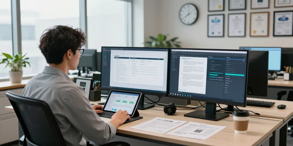 Document fraud detection analysis in a high-tech workspace with monitors displaying verification software and real-time analytics.