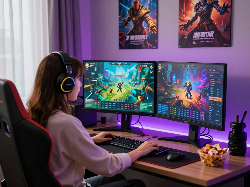 Female porn game enthusiast enjoying immersive interactive gameplay in a vibrant setting with dual monitors and snacks.