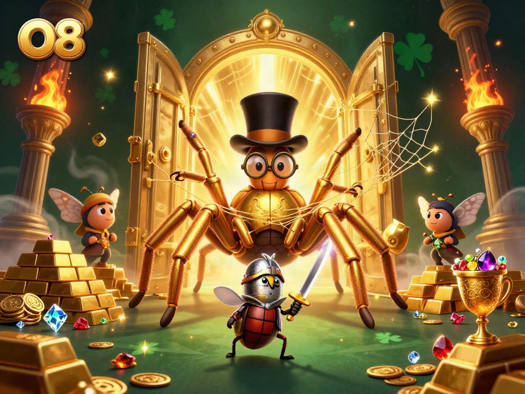 O8 reels in excitement with a giant golden tarantula and heroic beetle at a vibrant casino scene.