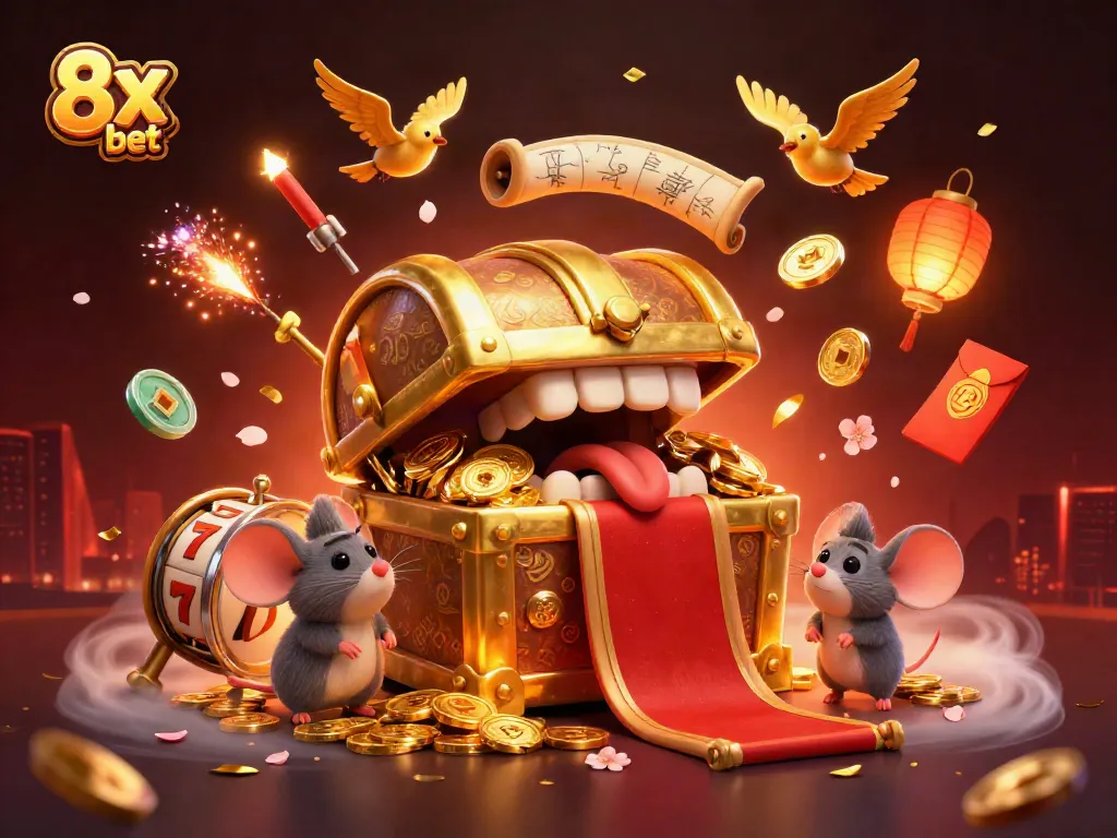 Engage with 8x bet in a rich, vibrant scene filled with casino excitement and treasures.