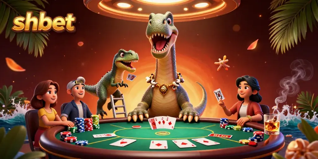 Experience shbet with a vibrant scene of cartoon dinosaurs in a lush casino setting.