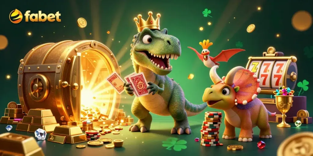 Fabet brings excitement to the casino scene with a T-Rex shuffling cards and a triceratops stacking chips.