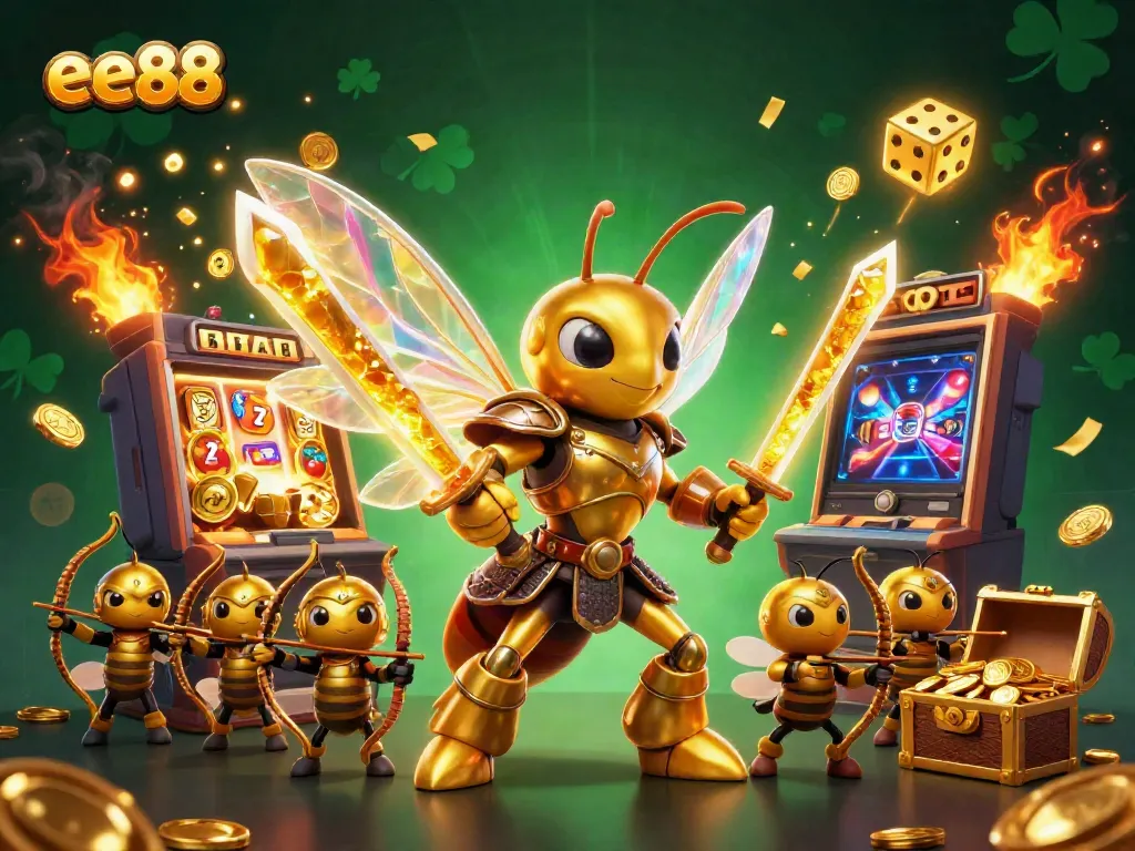 Win big with ee88's vibrant casino scene featuring a golden hornet and slot machine.