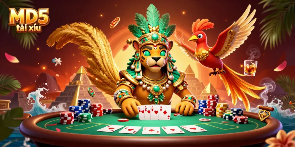 Experience the excitement of MD5 tài xỉu in a vibrant 3D casino scene featuring poker elements.