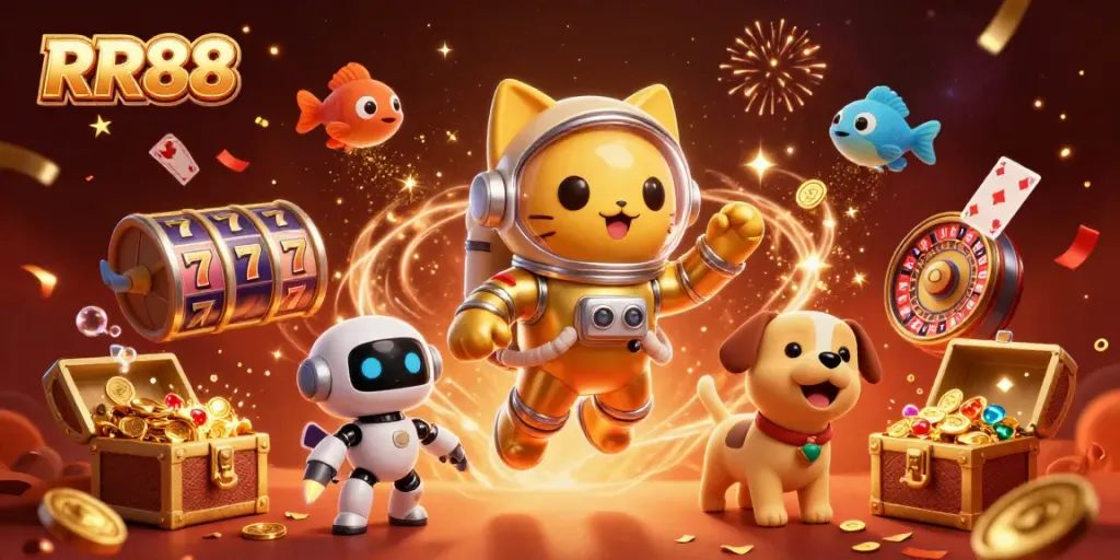 Join the excitement at RR88 with thrilling casino adventures featuring a space cat in a golden suit!