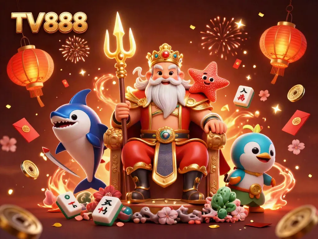 Experience the vibrancy of TV888 casino games with Neptune and friends in this festive 3D illustration.
