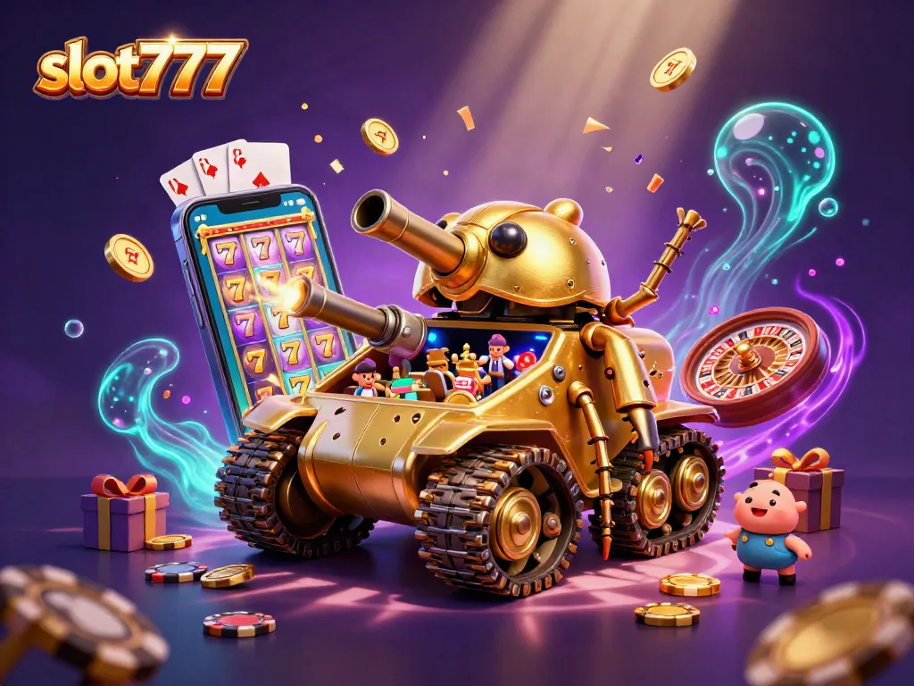 Play exciting slot777 games with golden tokens and vibrant slot reels in a dynamic casino scene.