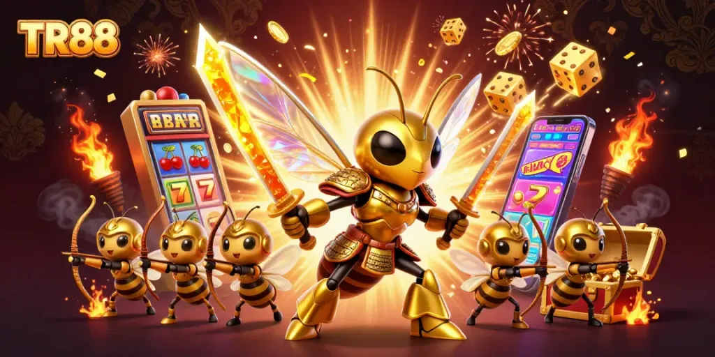 Engage with TR88's vibrant gaming scene featuring dynamic characters and slot machine excitement.