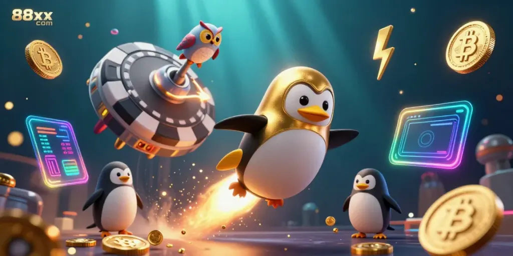 Experience thrilling gameplay with 88xx com featuring a rocket-powered penguin in a vibrant casino universe.