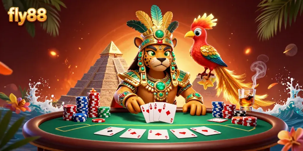 Join the excitement at fly88 with a vibrant 3D scene of a Mayan priest and gaming elements.