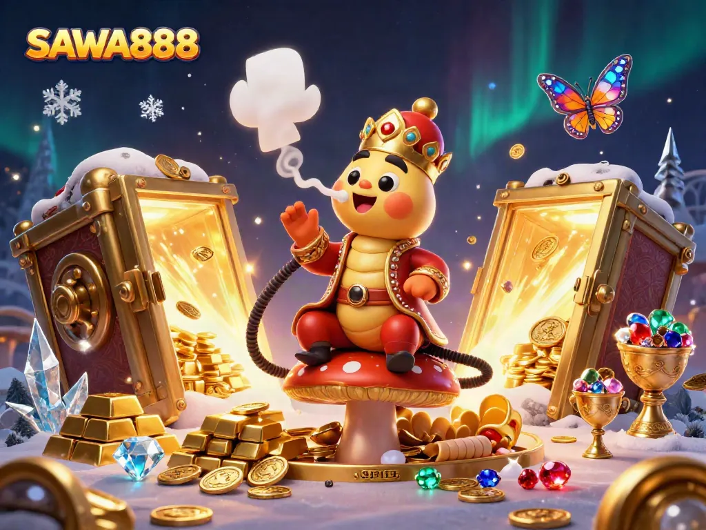 Engage with SAWA888's vibrant casino scene showcasing a caterpillar master surrounded by jewels and poker symbols.