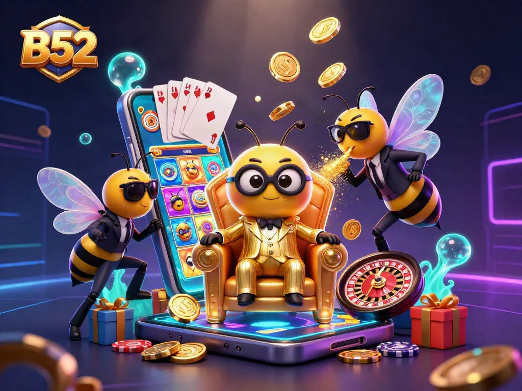 B52 casino illustration showcasing a bumblebee mob boss amidst vibrant gaming elements in a honeycomb throne room.