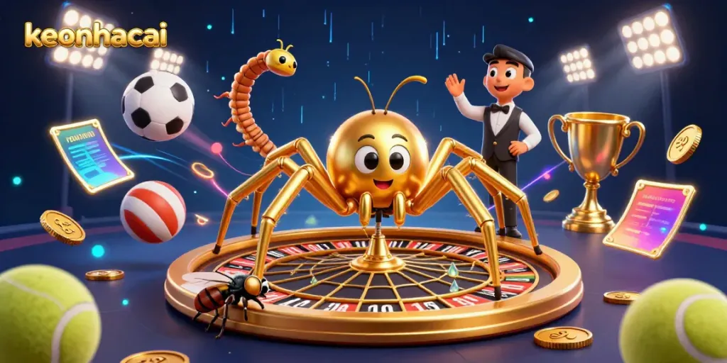 Engage with keonhacai through a vibrant 3D scene of a spider croupier and betting fly, surrounded by dynamic sports elements.